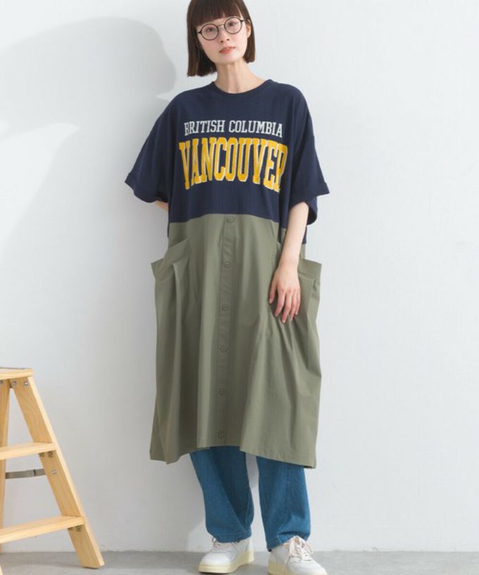 日本 Lupilien - 異素材撞色學院風俐落短袖洋裝-米白