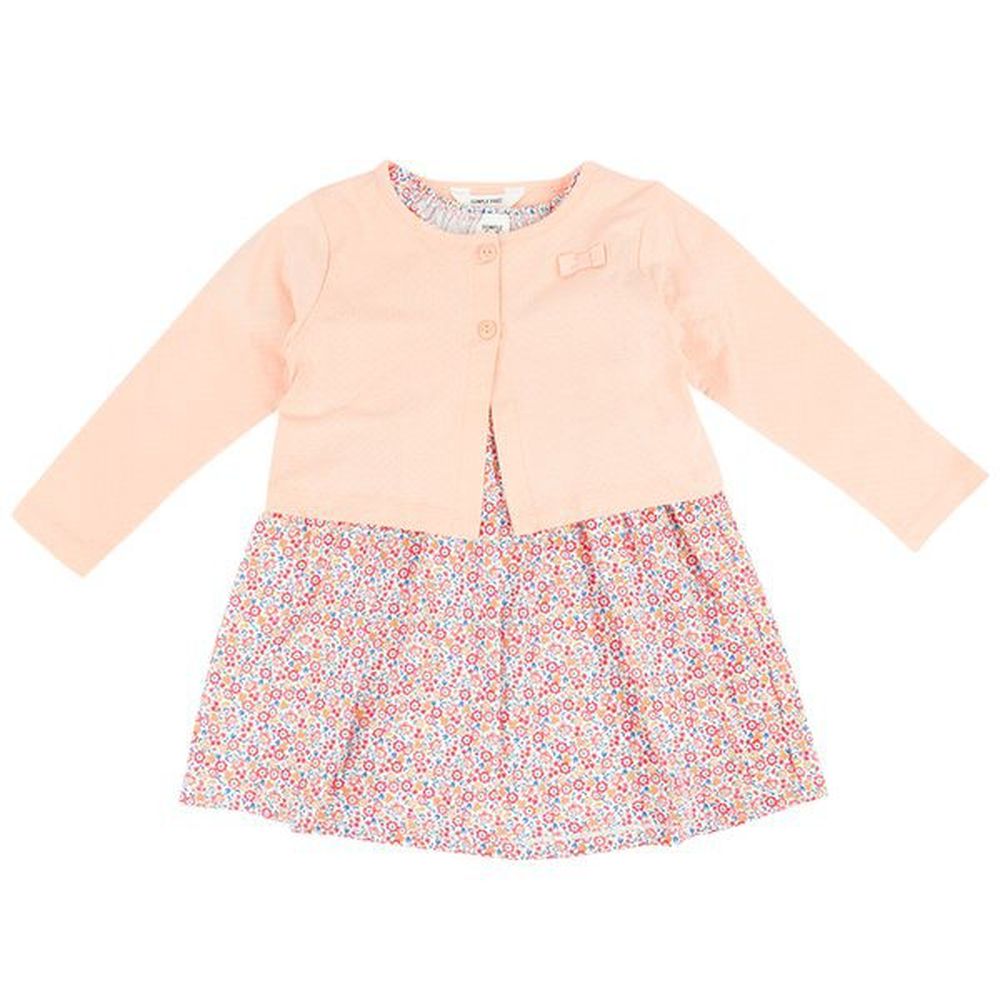 akachan honpo - 短袖洋裝+長袖開襟外套組-花紋-粉紅色