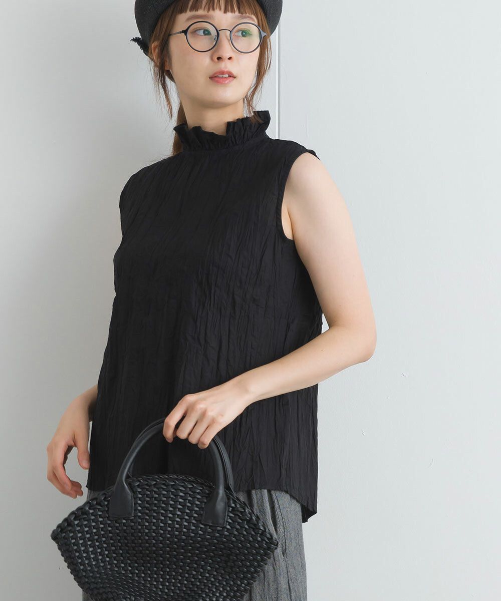 日本女裝代購 - 木耳領楊柳感無袖上衣-直條紋-深灰藍