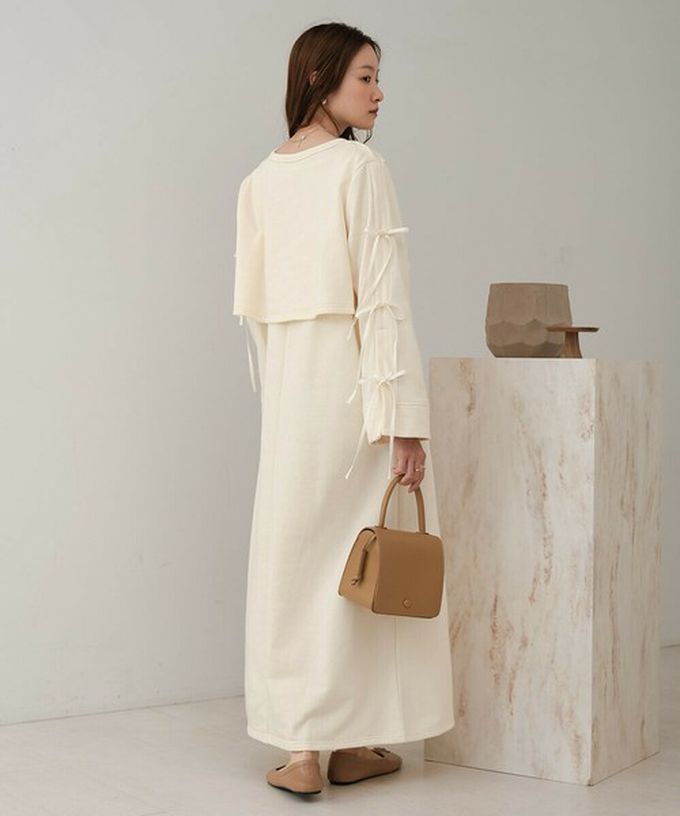 日本 Bab - 袖蝴蝶結層次感喇叭袖洋裝-象牙米
