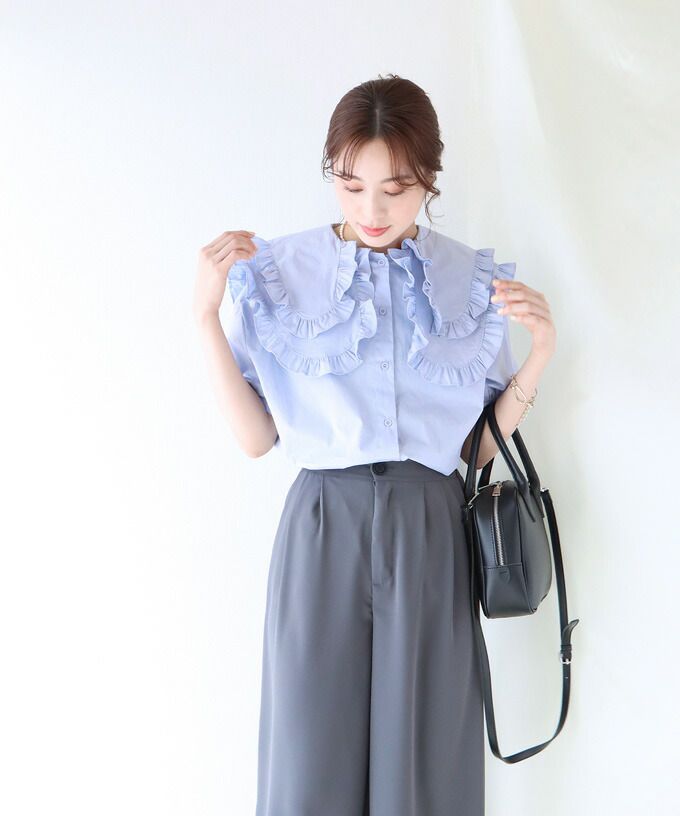 日本 BLUE EAST - 輕奢多層次荷葉大領短袖上衣-白