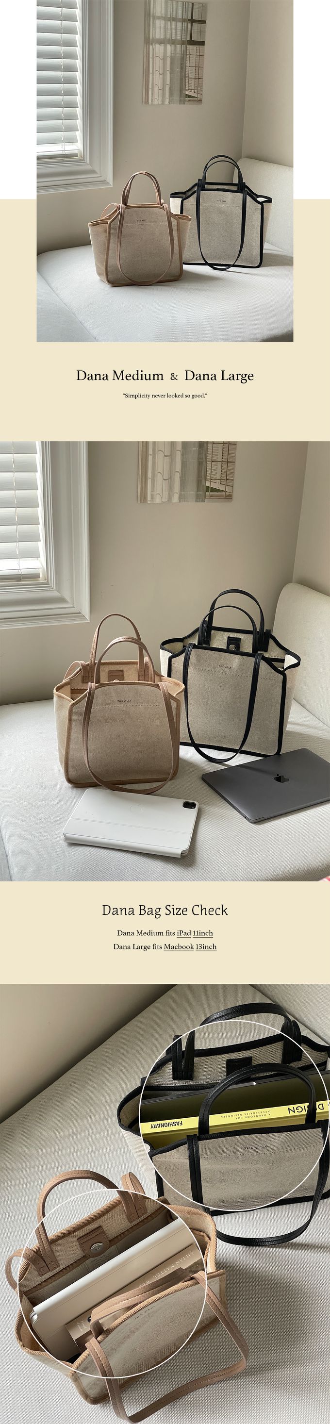 韓國 THEALLY - (附小袋)質挺帆布方包手提/肩背包-黑 (大)