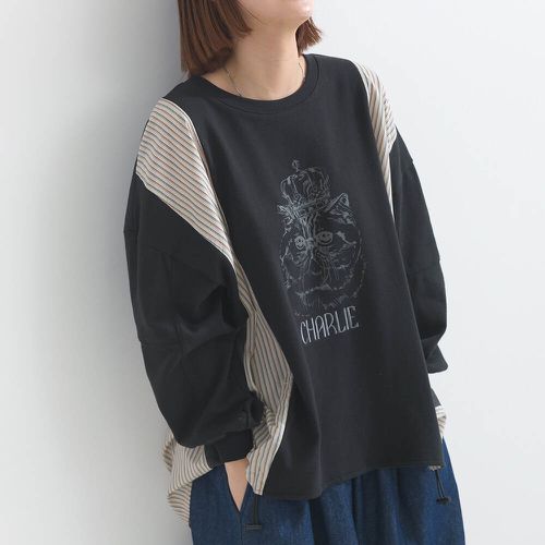 貓主子印花拼接風休閒上衣-修身側抽繩-黑