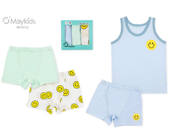 韓國 Maykids - (3入組)男寶無螢光棉親膚四角褲-微笑臉-白X綠X藍
