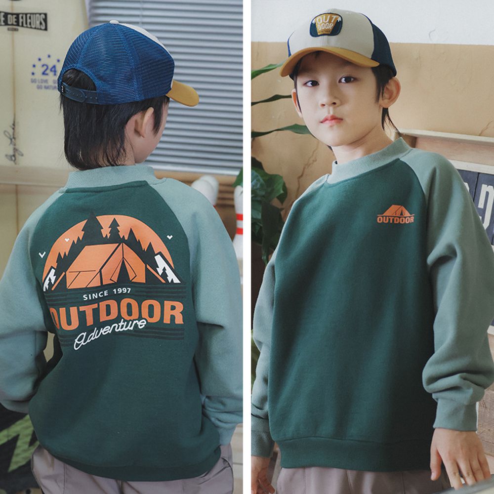 保暖加絨長袖上衣/大學T-OUTDOOR-拼色綠