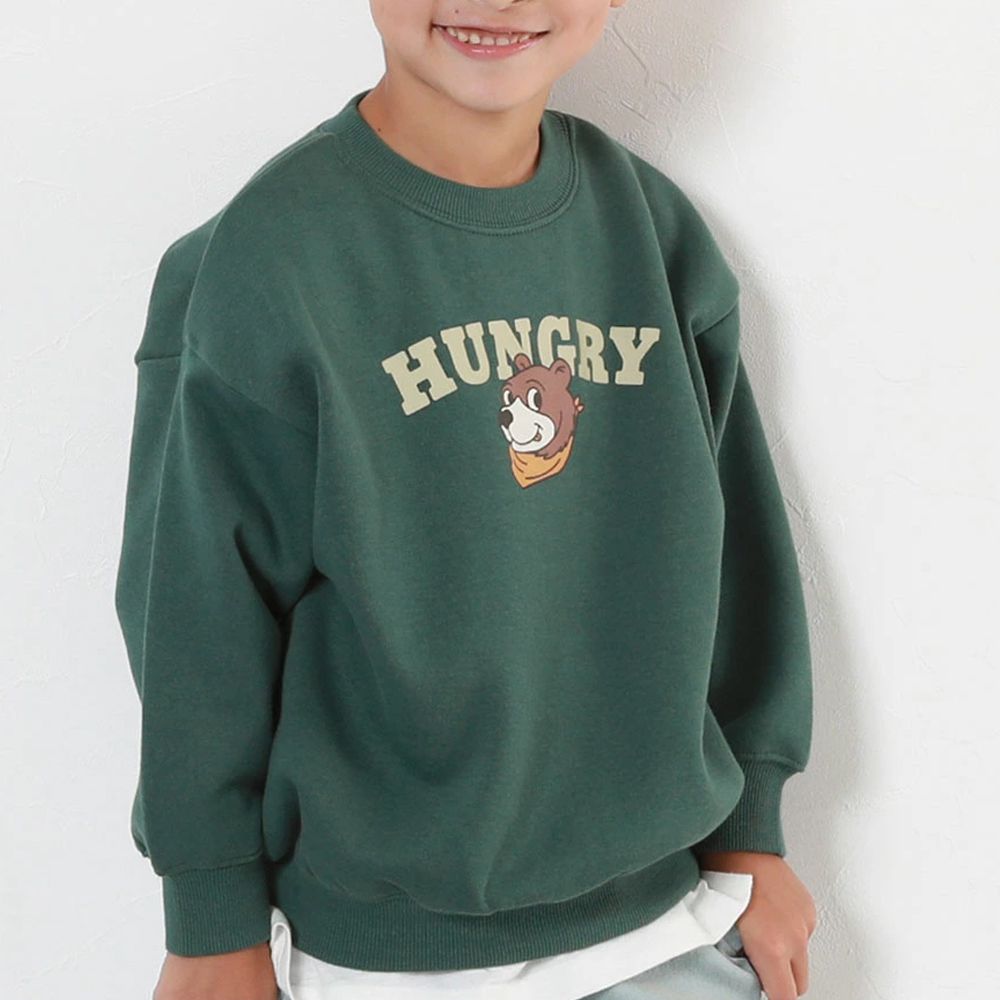 熱銷定番 裏起毛落肩大學長袖上衣-熊熊-濃綠