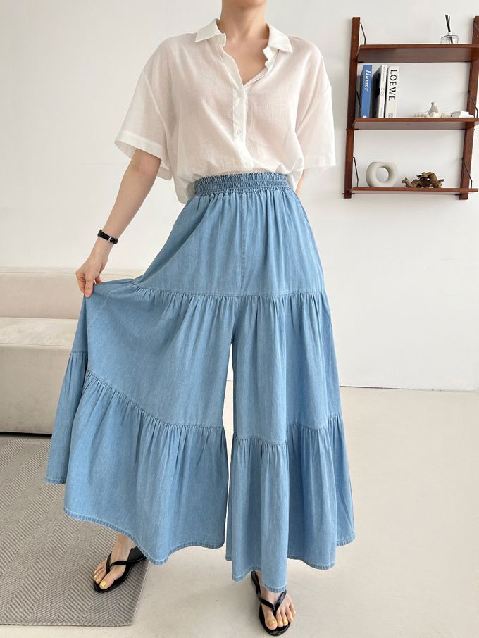 韓國女裝連線 - 鬆緊腰薄丹寧蛋糕長寬褲-中青 (FREE)