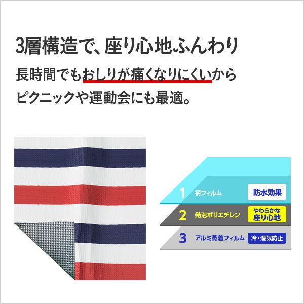日本代購 - 三層構造防水野餐墊(附收納袋/地釘*4)(4-5人)-法式藍紅條紋 (180x180cm)