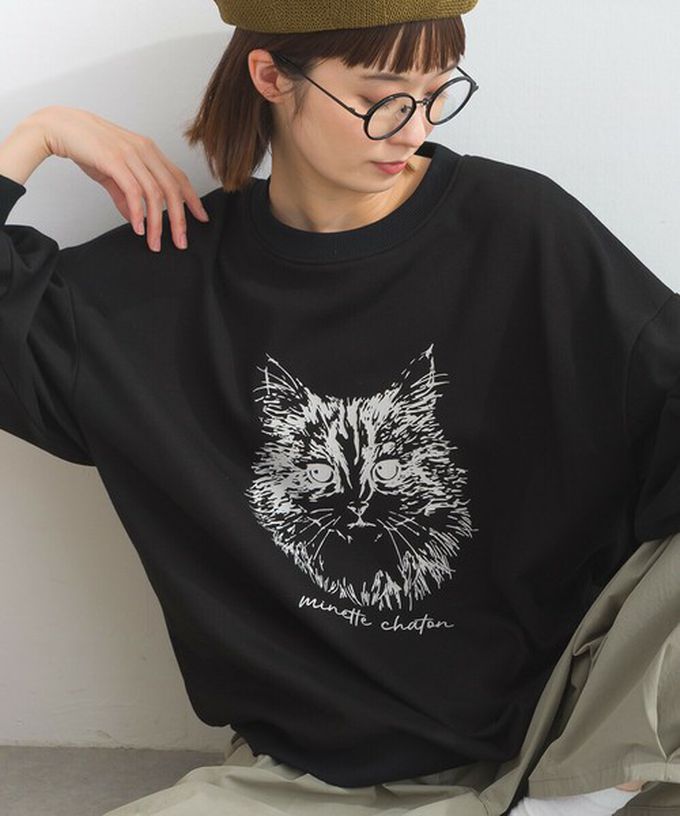 日本 Lupilien - 線條貓咪印花裏毛長袖上衣-黑