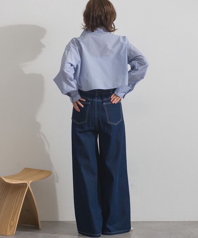 日本 ELENCARE DUE - 10oz 立體摺線後腰鬆緊牛仔褲-刷色黑