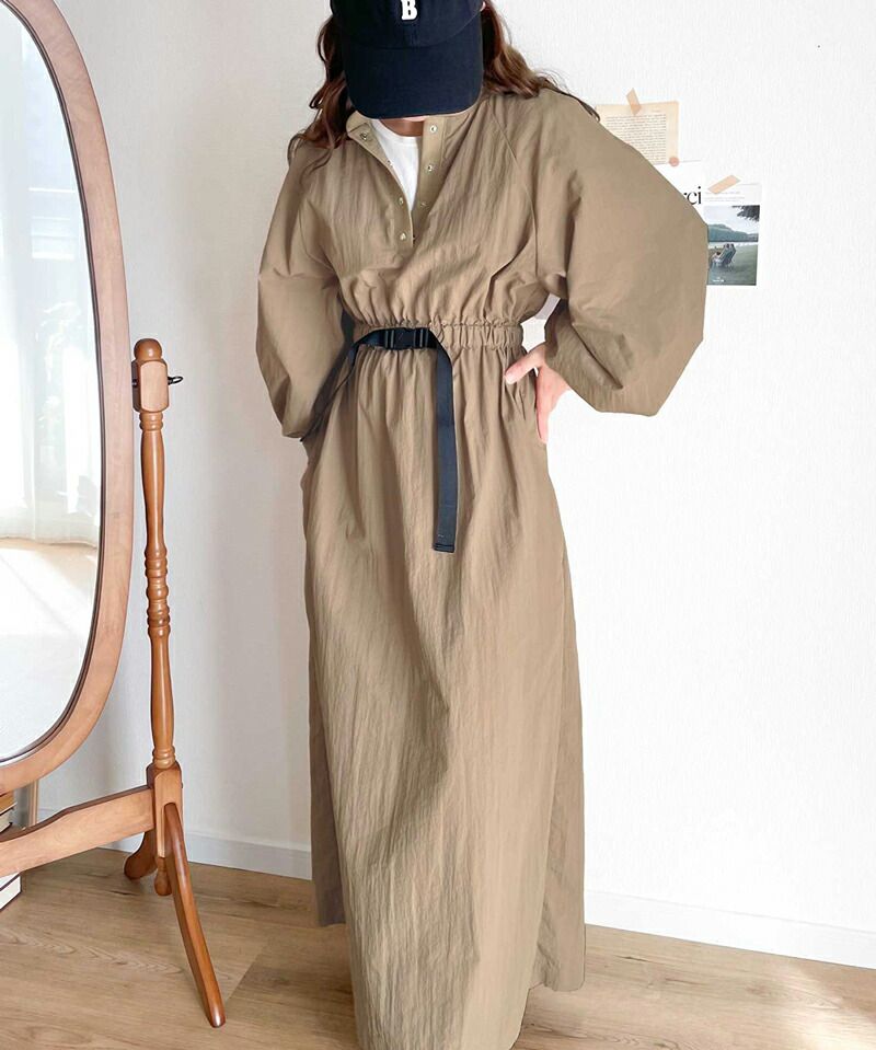 日本 Classical Elf - 簡約休閒抽繩收腰洋裝-卡其