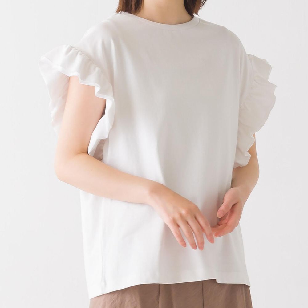 日本 OMNES - 純棉柔軟質感荷葉短袖上衣-寧靜白