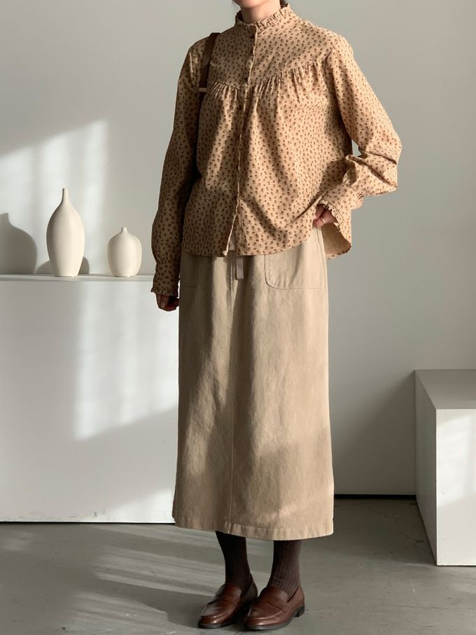 韓國女裝連線 - 滿版小花朵燈芯絨長袖襯衫-卡其 (FREE)