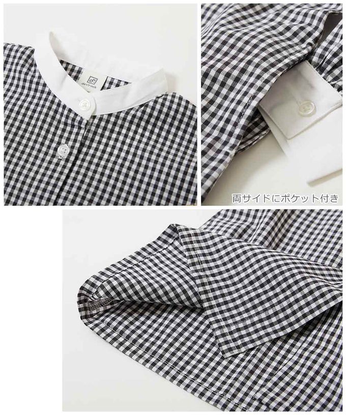 日本 devirock - 2WAY氣球袖襯衫式開襟洋裝-格子-黑