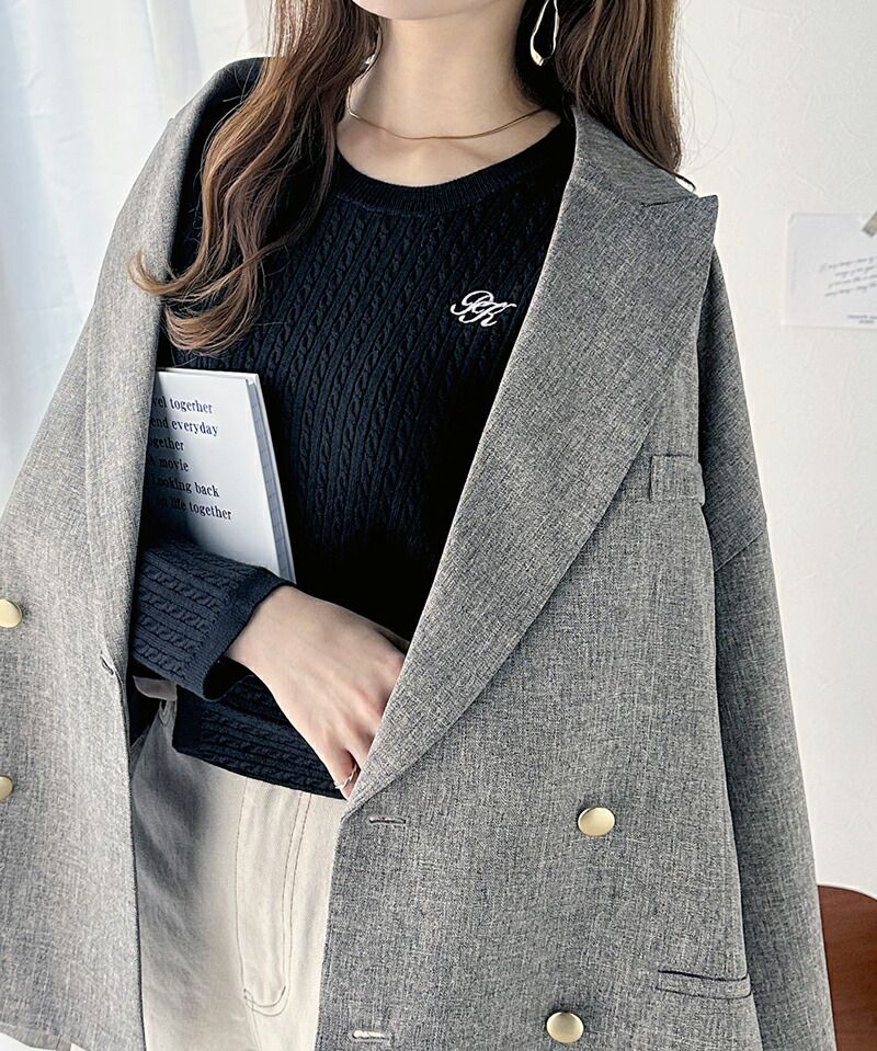 日本 Classical Elf - 學院風logo編花針織長袖上衣-米白x黑邊