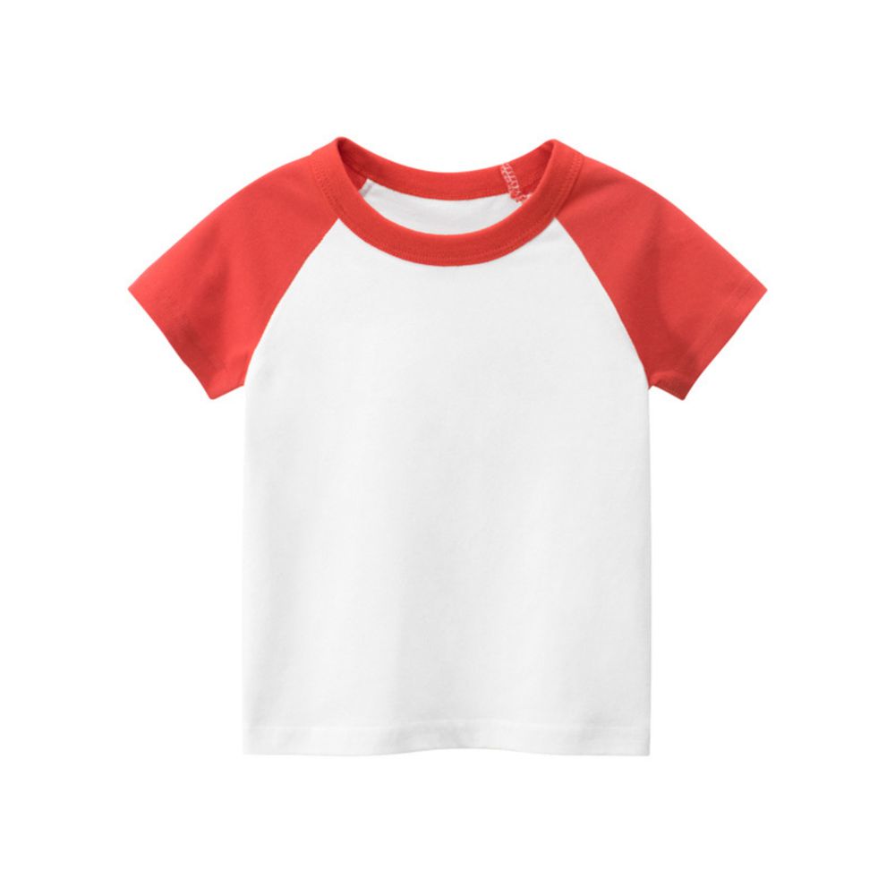 27KIDS - 純棉短袖上衣-拼接款-紅+白