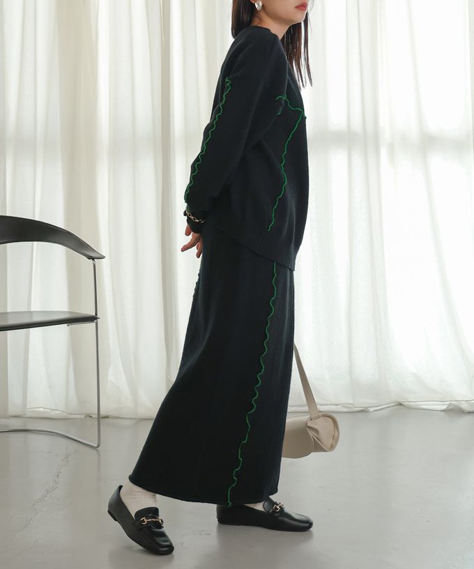 日本 Bab - 不規則狀色滾邊修身長裙-灰x深藍