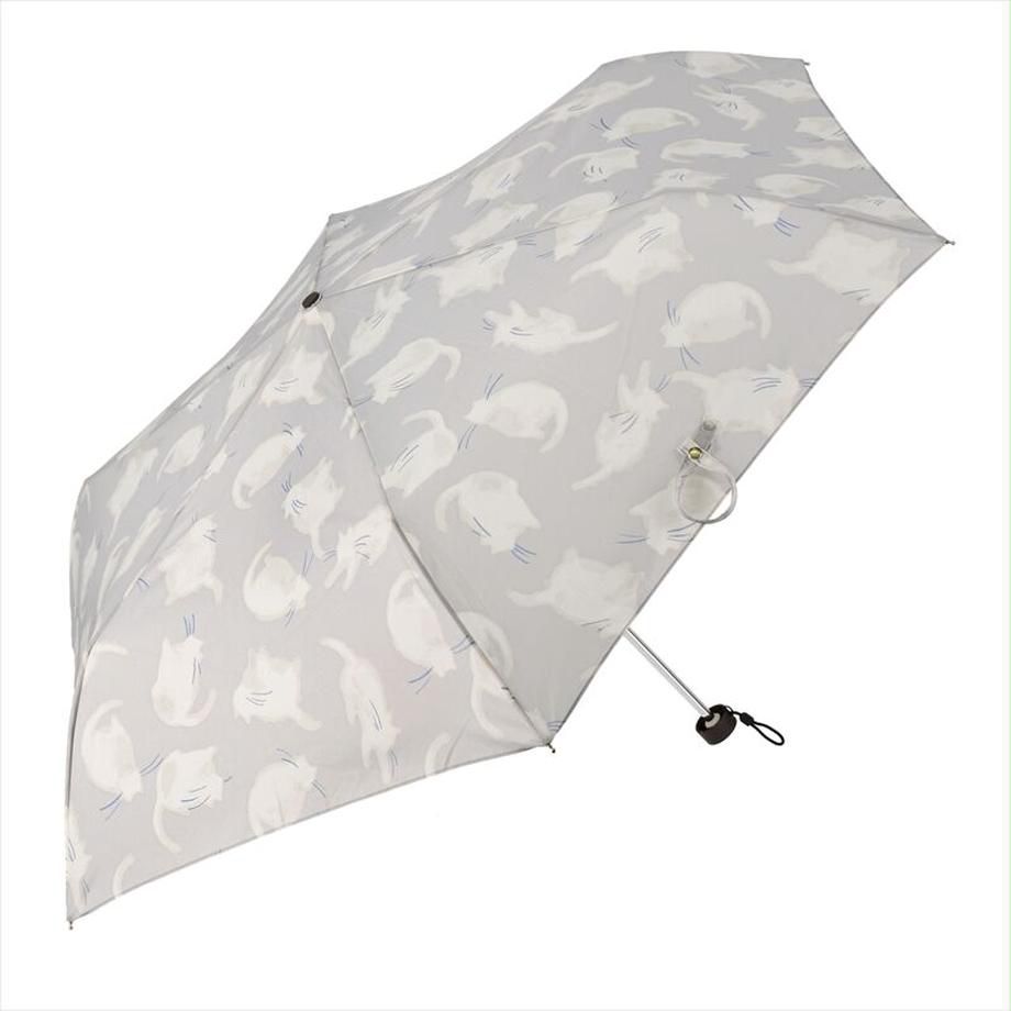 日本 nifty colors - 抗UV輕量 晴雨兩用折疊傘-迷你貓貓-淺灰 (直徑98cm/194g)
