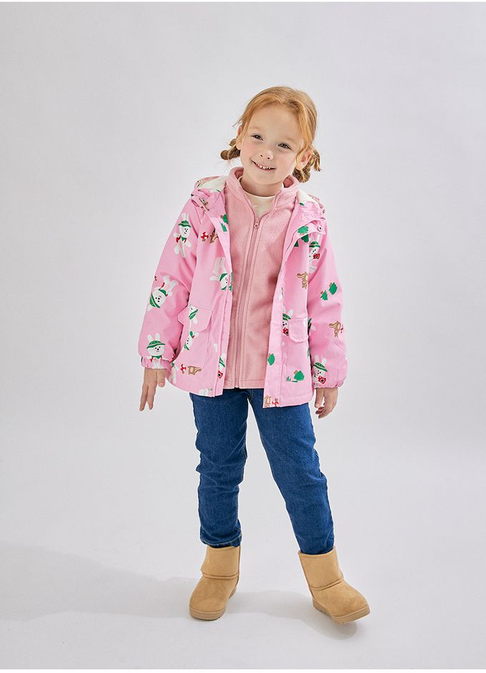 韓國 OZKIZ - (兩件式)防潑水搖粒絨連帽外套-郊遊兔兔-粉