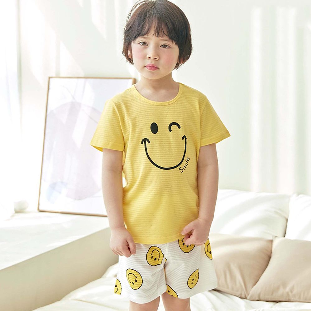 韓國 Maykids - 有機棉透氣輕薄短袖家居服-黃色笑臉