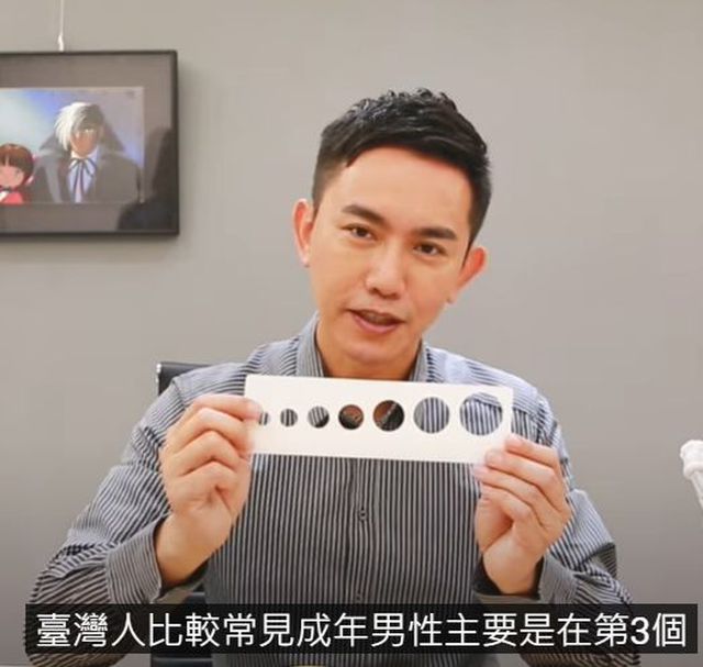 之前有看到這個醫生解說影片，這個量尺是包皮槍的尺寸，看來是有小孩尺寸無誤，影片中醫生說從左到右第三個洞是普遍成人的尺寸，我家老公的割包皮手術是我陪他去，術後大概一周是最辛苦，只要勃起就需要緊急加壓，認真加壓可以減少水腫問題，割完包皮後完全沒有再發炎的問題