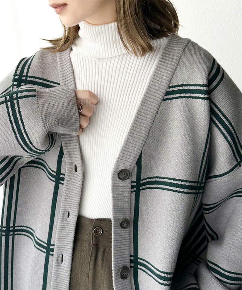 日本 Classical Elf - 歐風大格紋落肩針織外套-淺灰