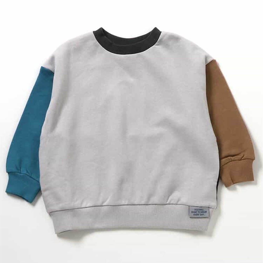 100%棉 落肩寬鬆縮口長袖上衣-撞色-灰X藍綠X棕