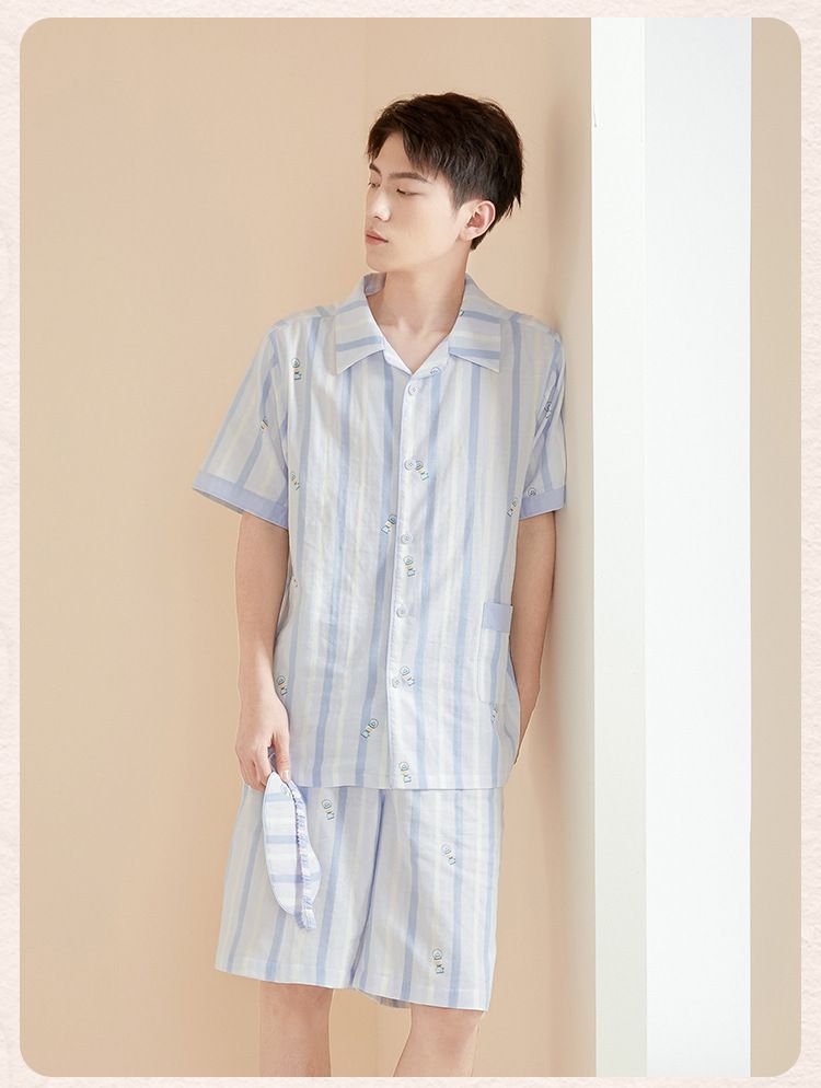 雙層棉紗布短袖家居睡衣套裝(不含眼罩)-男款-藍色直紋