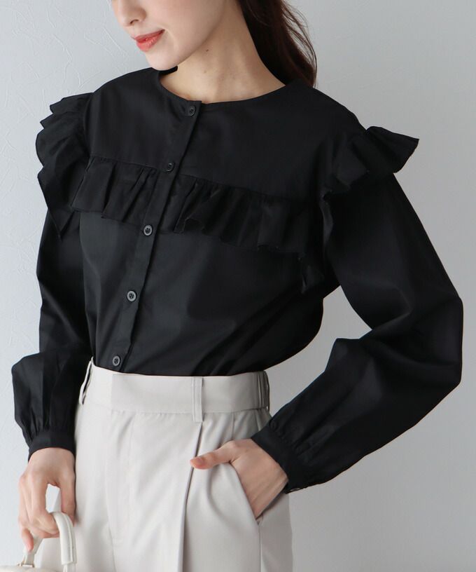 日本 BLUE EAST - 青澀回憶荷葉邊長袖襯衫-湖水綠