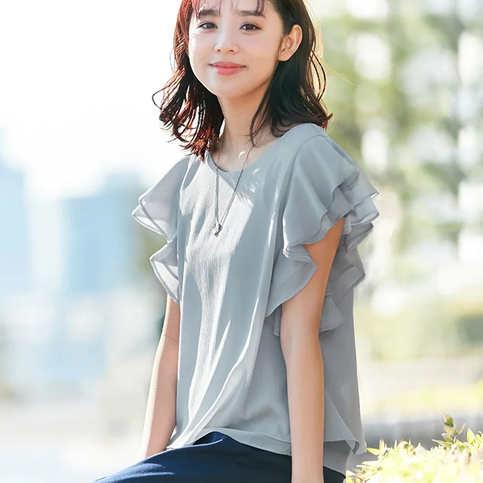 日本 BELLUNA - 雙層荷葉設計楊柳短袖上衣-摩卡