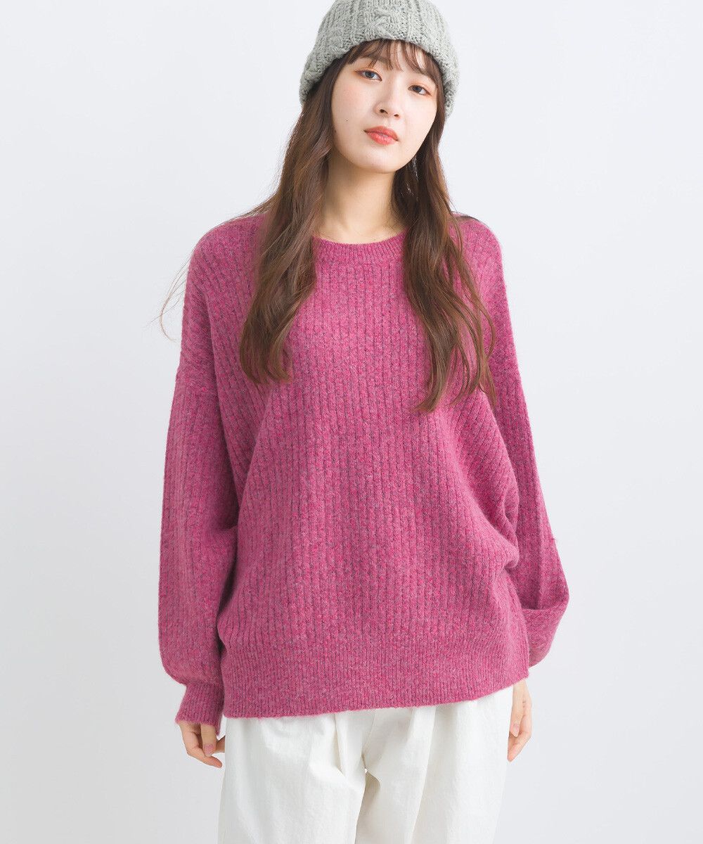 日本女裝代購 - 大寬袖圓領混色針織上衣-米黃