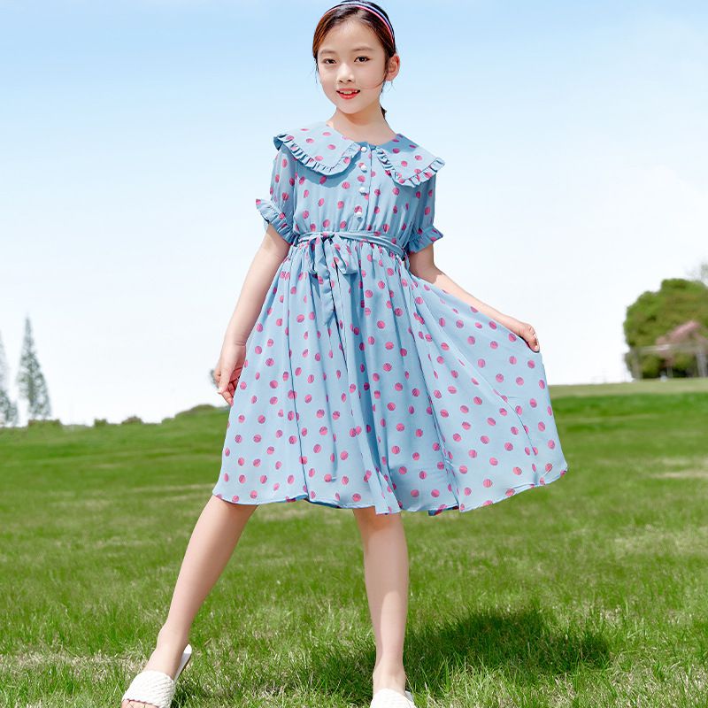 娃娃領腰綁帶洋裝-小圓點-藍色