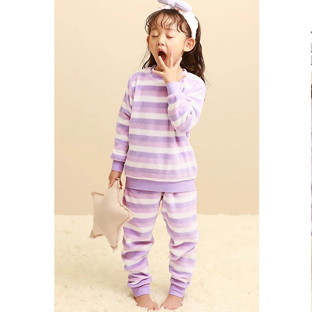 日本 devirock - fleece保暖刷毛家居服/睡衣-條紋-紫