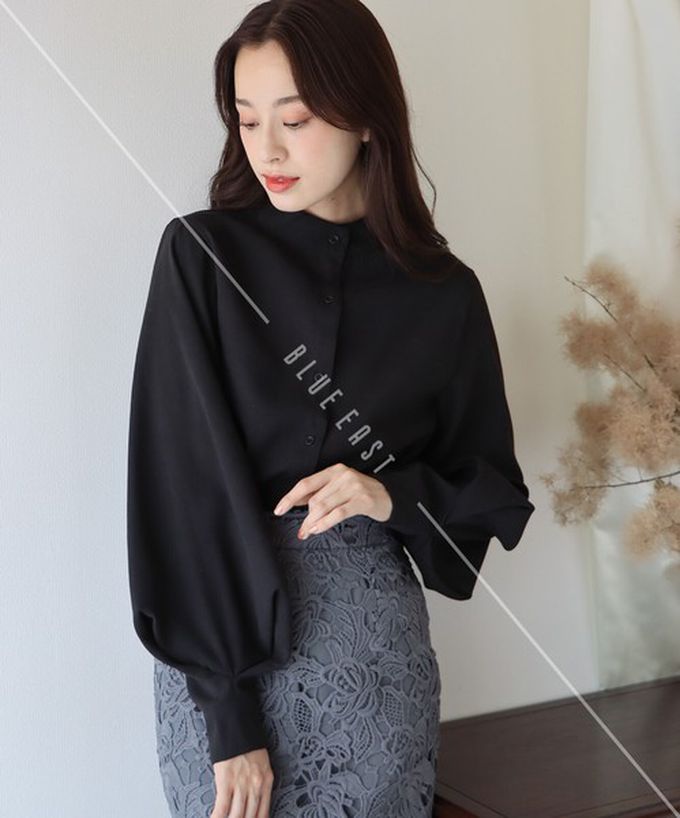 日本 BLUE EAST - 知性小立領澎澎氣球袖襯衫-黑