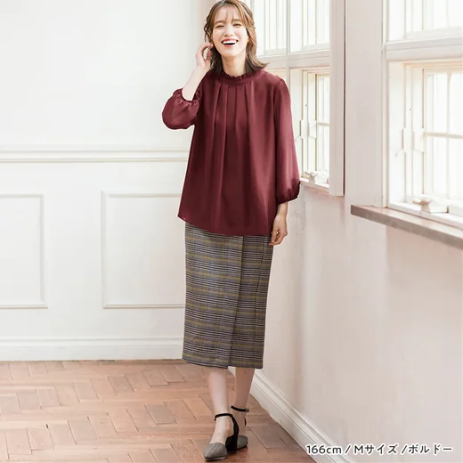 日本 BELLUNA - 優雅抓皺雪紡八分袖上衣-黑