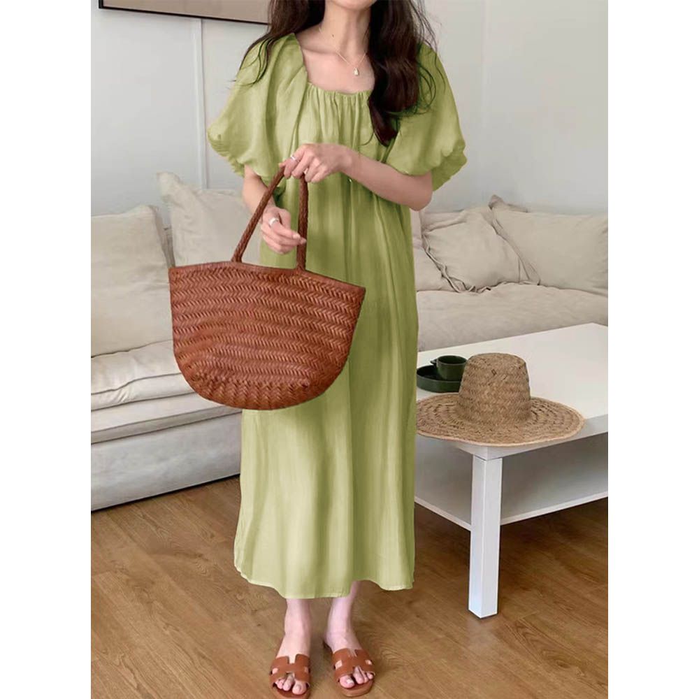 柔美寬鬆皺褶氣球袖洋裝(附綁帶)-春芽綠 (F)
