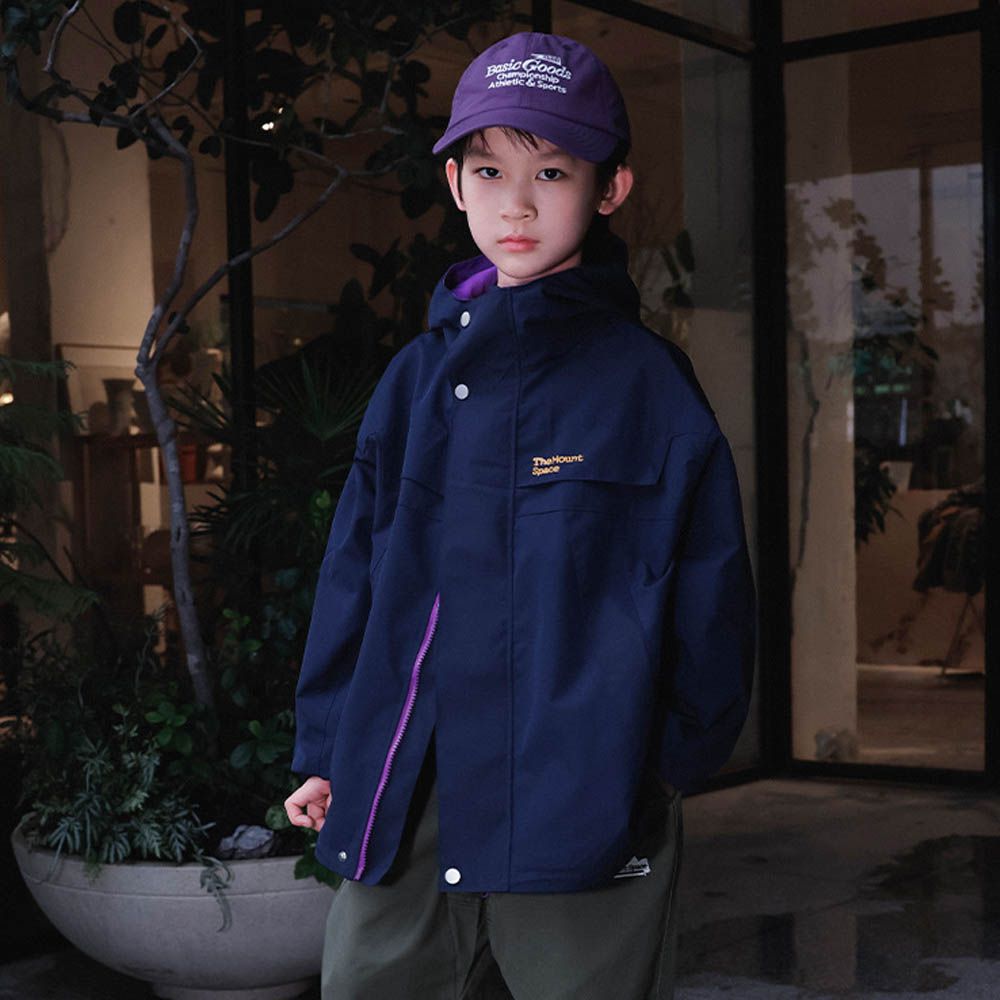 防潑水撞色立領防風連帽外套-藏青