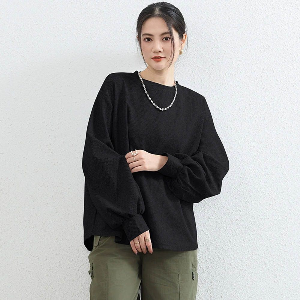 華夫格百搭澎澎長袖上衣-黑色 (F)