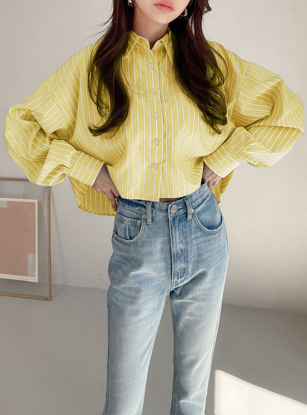 日本 GRL - 休閒短版直條紋落肩襯衫-淺灰棕 (F)