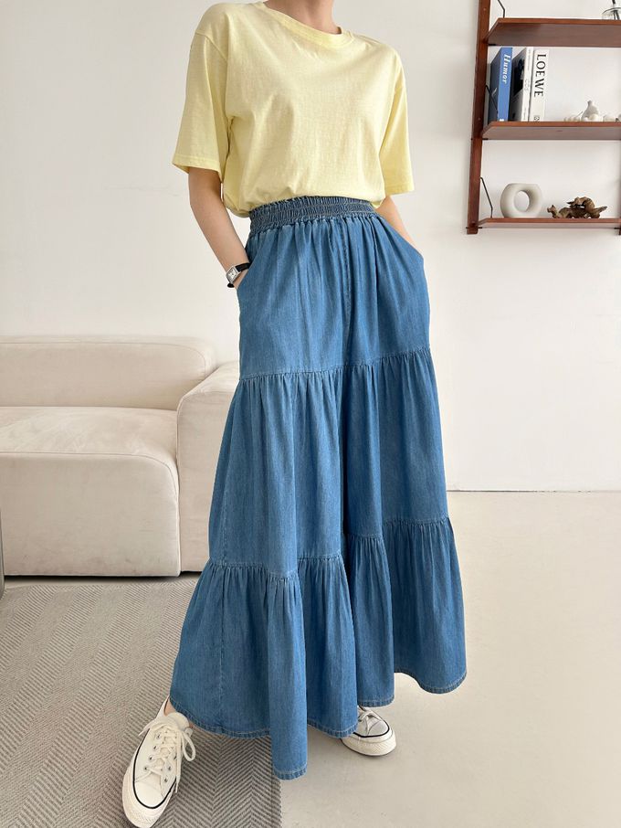 韓國女裝連線 - 鬆緊腰薄丹寧蛋糕長寬褲-中青 (FREE)