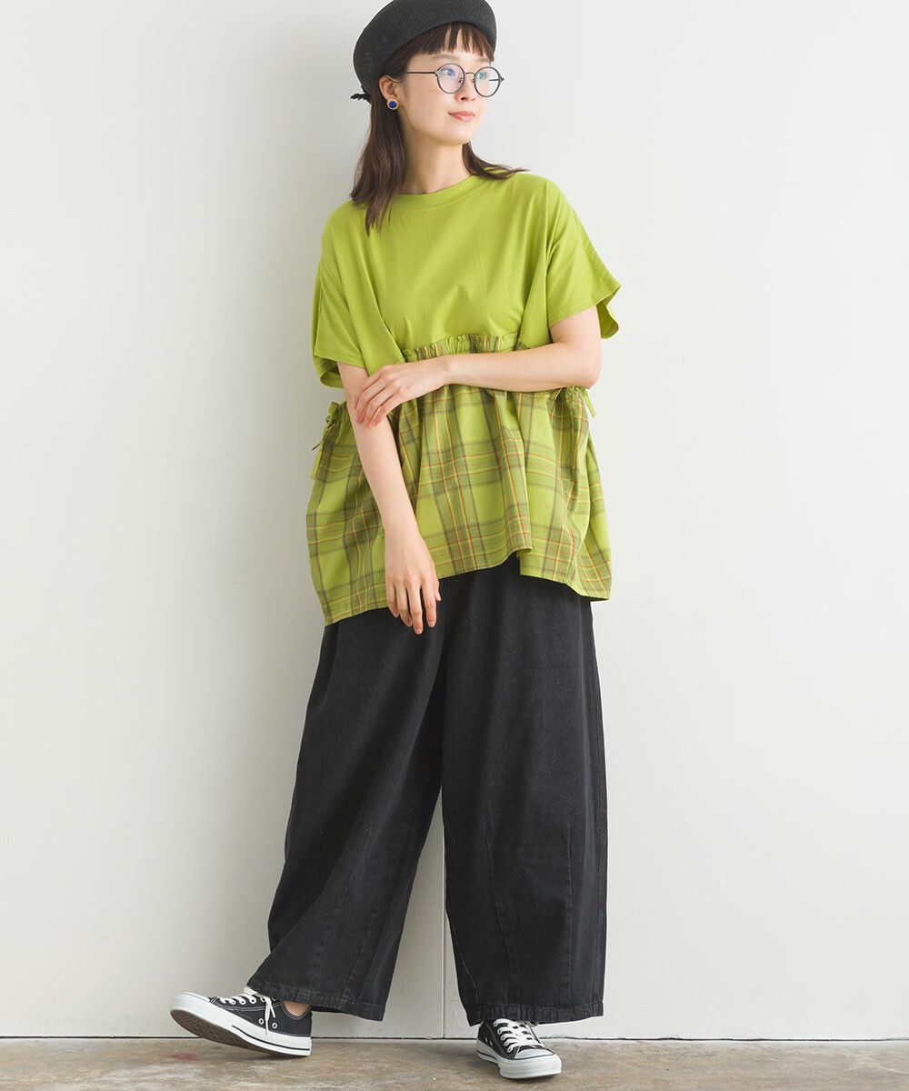 日本女裝代購 - 清新側綁帶拼接短袖上衣-卡其格紋