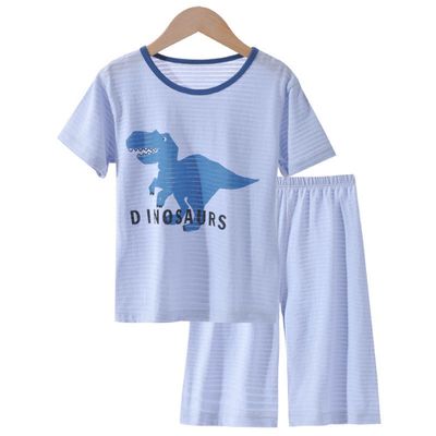 MAMDADKIDS - 竹節棉短袖套裝/家居服-調皮暴龍-藍色