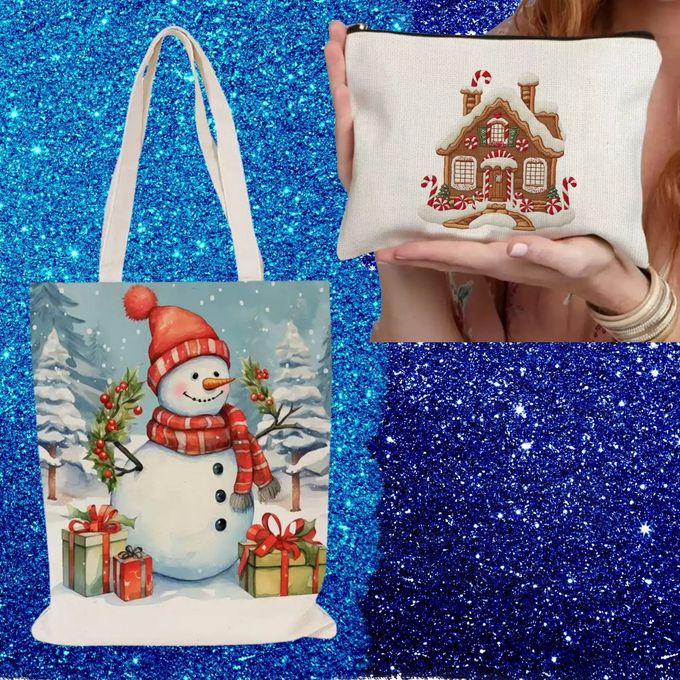 聖誕節精美印刷帆布提袋配拉鍊收納袋-2件組