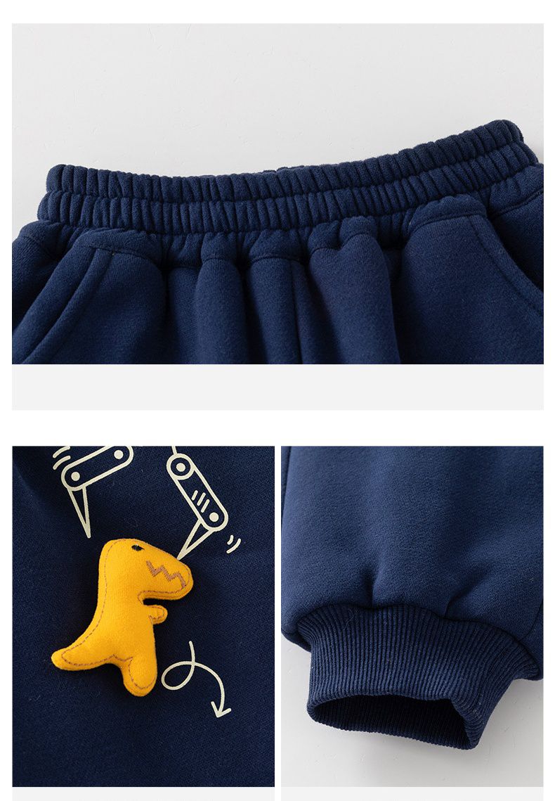 加絨腰鬆緊休閒保暖束口長褲-夾娃娃機恐龍-深藍色