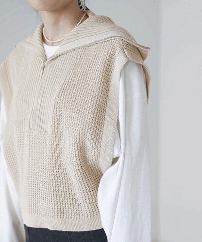 日本 Bou Jeloud - 拉鍊翻領針織背心-黑