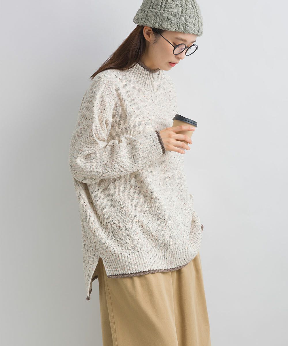 日本女裝代購 - 葉子紋編織滾邊針織毛衣-咖啡