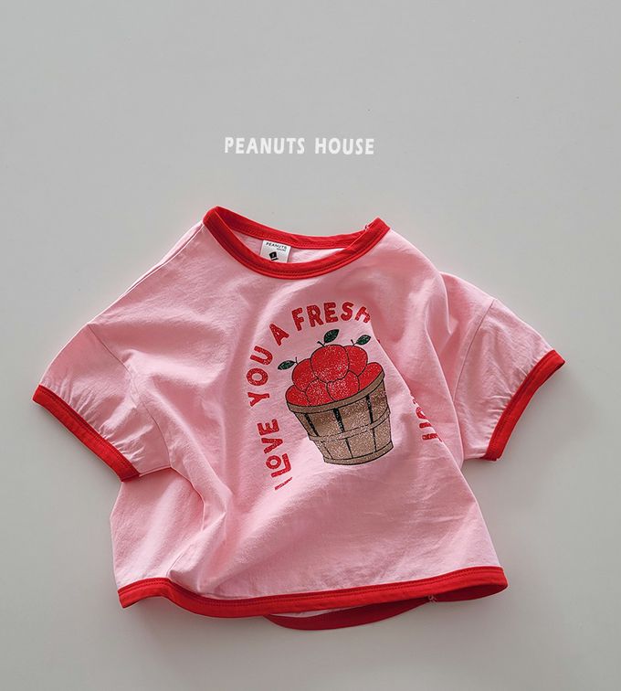 韓國 Peanuts House - 純棉印花圓領短袖上衣-蘋果籃-米
