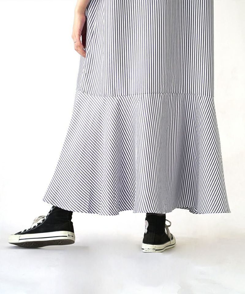 日本 zootie - 文藝感泡泡袖排釦魚尾洋裝-直條紋