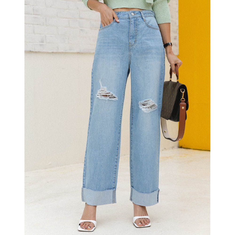 96PLACE 後鬆緊腰刷破感反折直筒寬褲-淺藍