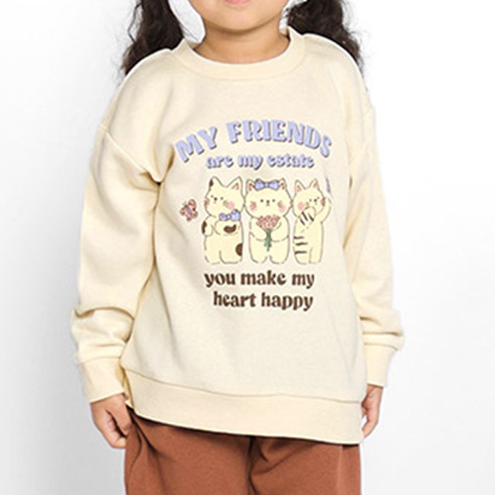 裏起毛俏皮印花長袖上衣-N三隻小貓-淺卡其